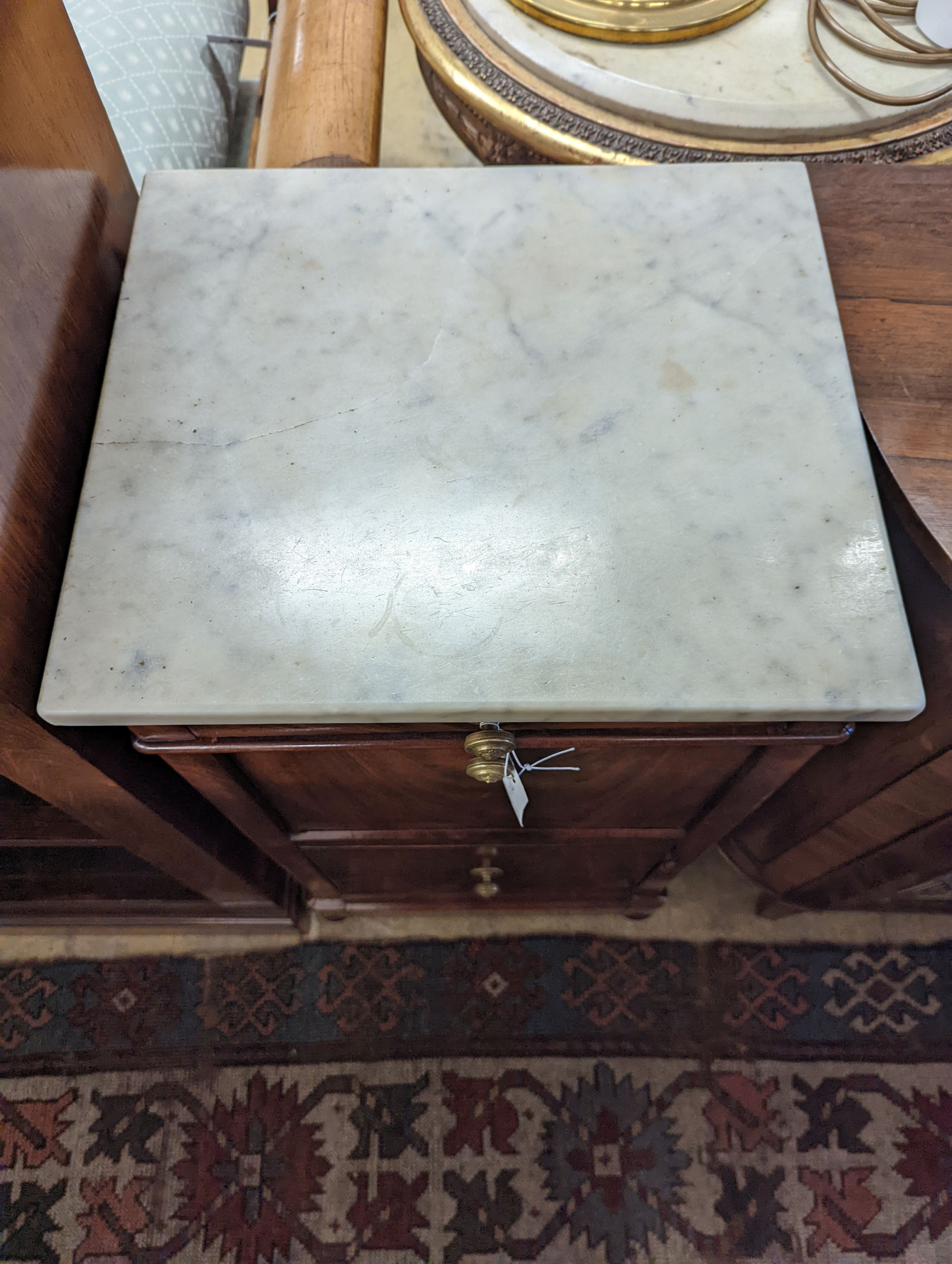 A 19th century French marble topped mahogany bedside cabinet, width 41cm, depth 36cm, height 79cm